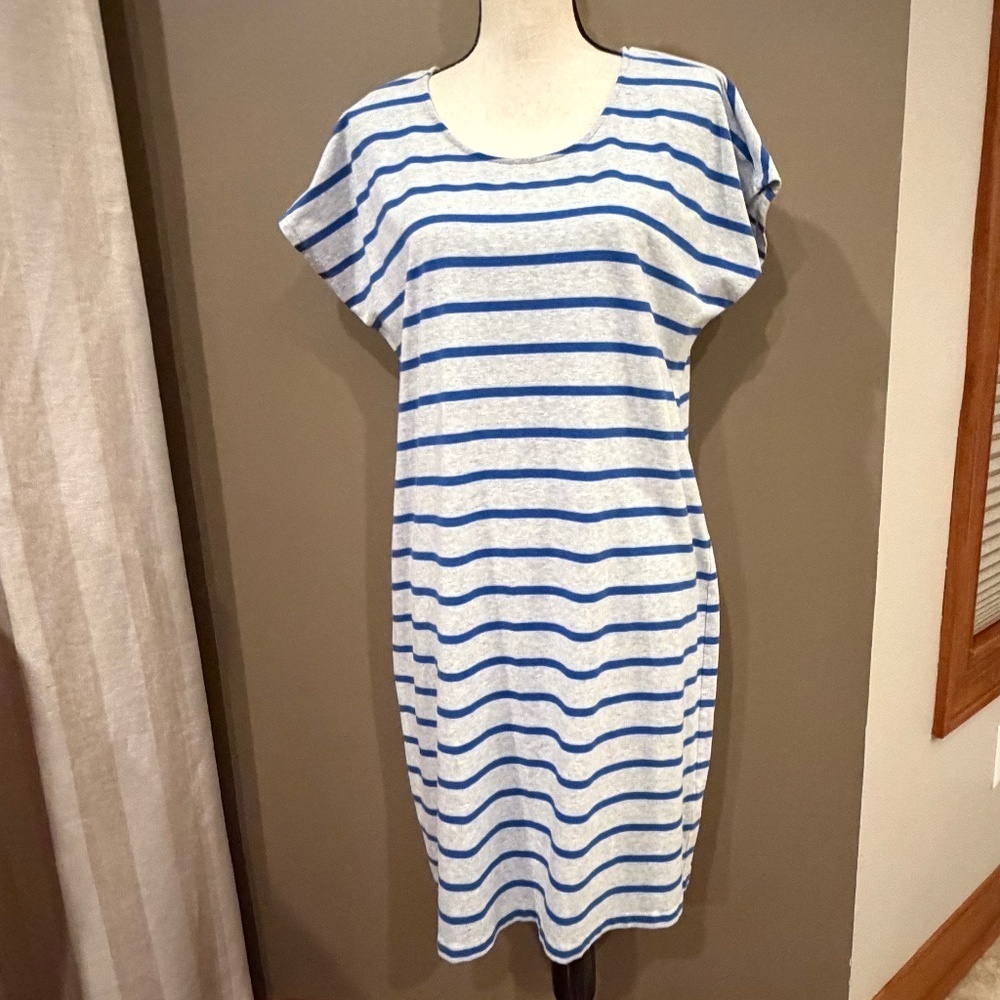 Lands End Midi Tee Shirt Dress, Cap Sleeves, Gray with Blue Stripes, Size Medium